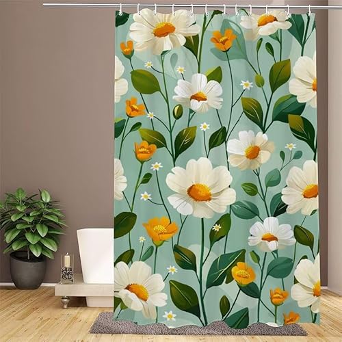Grün Duschvorhang 200x200cm Duschvorhang Gänseblümchen Duschrollo,Polyester Stoff Badevorhänge - Wasserdicht,Schnelltrocknend,mit Beschwertem Saum & 12 Ringen - Modernes Design für Badezimmer W1-633 von Lixfagng