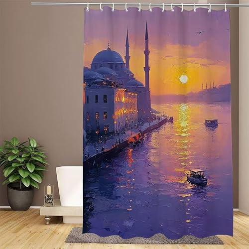 Lila Duschvorhang 150x180cm Duschvorhang Wasserstadt Duschrollo, Polyester Stoff Badevorhänge - Wasserdicht, Schnelltrocknend, mit Beschwertem Saum & 12 Ringen - Modernes Design für Badezimmer W1-625 von Lixfagng