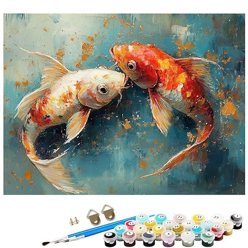 Malen Nach Zahlen Erwachsene Tier Fisch Malen Nach Zahlen DIY Paint by Numbers Kit für Anfänger und Erwachsene mit 3 Pinseln und Acrylfarben für Deko Wohnzimmer Geschenk, Ohne Rahmen 20x30 cm L8-9 von Lixfagng