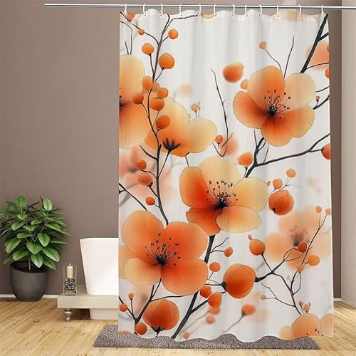 Orange Duschvorhang 200x200cm Duschvorhang Kirschblüten Duschrollo,Polyester Stoff Badevorhänge - Wasserdicht,Schnelltrocknend,mit Beschwertem Saum & 12 Ringen - Modernes Design für Badezimmer W1-641 von Lixfagng