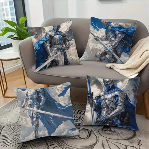 Outdoor Kissen 35x35cm 4er Set Blau Kissenbezug Krieger Beidseitiger Druck Kissenbezüge,Wasserdicht Quadrat Sofakissen Leinen Dekokissen mit Verstecktem Reißverschluss, Deko Wohnzimmer Modern LX-569 von Lixfagng