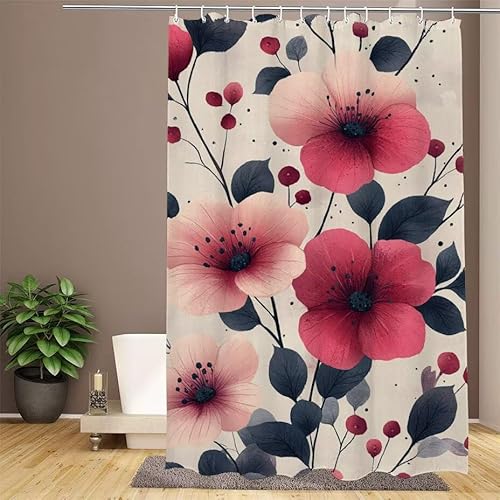 Rosa Duschvorhang 150x180cm Duschvorhang Blume Duschrollo,Polyester Stoff Badevorhänge - Wasserdicht,Waschbar,Schnelltrocknend,mit Beschwertem Saum & 12 Ringen - Modernes Design für Badezimmer W1-649 von Lixfagng