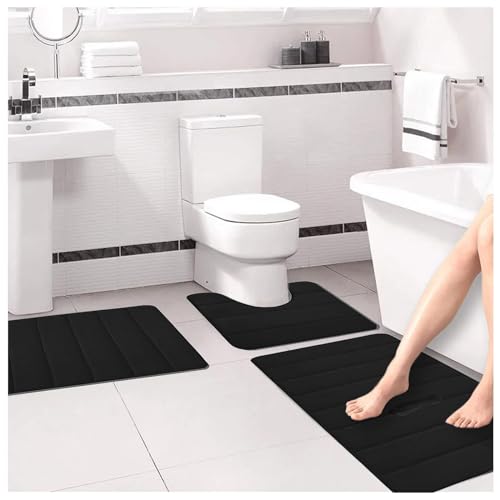 LixronVL Badematten-Set aus Memory-Schaum, Badezimmerteppiche für 3 Teile, Toilettenvorleger, weich, bequem, wasserabsorbierend, rutschfest, dick, maschinenwaschbar, leichter zu trocknen (schwarz) von LixronVL