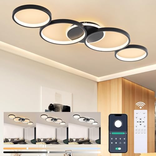LED Deckenleuchte Dimmbar Wohnzimmer Deckenlampe mit Fernbedienung APP, 54W Schwarz Wohnzimmerlampe, Schlafzimmerlampe, Modern 4-Rund Ring Deckenbeleuchtung mit Nachtlicht und Timer Funktion, 90cm von Liyabber