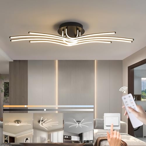 Liyabber Deckenleuchte LED Dimmbar Wohnzimmer Deckenlampe mit Fernbedienung, 56W Schwarz Wohnzimmerlampe aus Aluminium Modern 8 Flammig Deckenbeleuchtung mit Timing Funktion für Schlafzimmer, 118cm von Liyabber