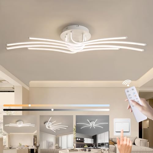 Liyabber LED Wohnzimmer Deckenleuchte Dimmbar Deckenlampe mit Fernbedienung, 118cm Schlafzimmerlampe aus Aluminium, 56W Weiß Wohnzimmerlampe, Modern 8 Flammig Deckenbeleuchtung mit Timing Funktion von Liyabber