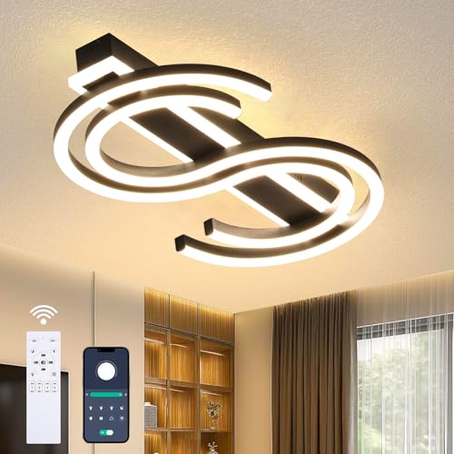 Liyabber LED Deckenleuchte Dimmbar Wohnzimmer Deckenlampe Schwarz Schlafzimmerlampe Fernsteuerung und App Steuerung, Modern 2 „S“ Ringen Deckenbeleuchtung mit Nachtlicht und Memory Funktion, L50cm/50W von Liyabber