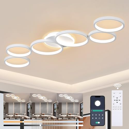 Liyabber LED Deckenleuchte Dimmbar Wohnzimmer Deckenlampe Weiß Wohnzimmerlampe Schlafzimmerlampe Fernsteuerung und App Steuerung, Modern 6-Rund Ring Deckenbeleuchtung mit Memory Funktion, L113cm/69W von Liyabber