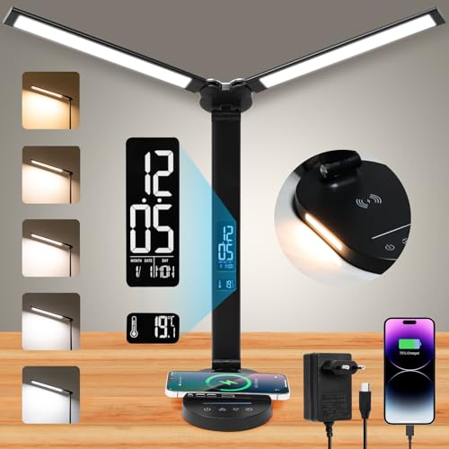 Einstellbar Schreibtischlampe mit Uhr, LED Dimmbar Touch Schreibtischleuchte mit 10W Wireless Charger und USB Ladefunktion, 14W Doppelkopf Bürolampe, Augenschutz Nachttischlampe, Leselampe mit Timer von Liyabber