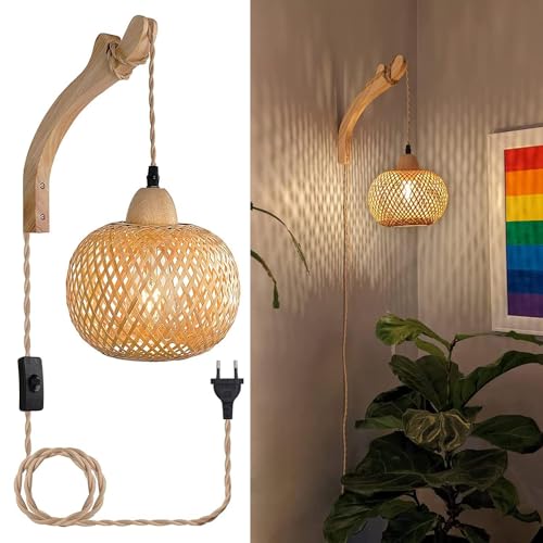 Liyabber Holz Innen Wandleuchte, Vintage Wandlampe mit Stecker und Schalter, E27 Retro Bambus Laterne, Rattan Nachttischlampe für Wohnzimmer, Schlafzimmer, Treppen, Flur (Ohne Glühbirne) von Liyabber