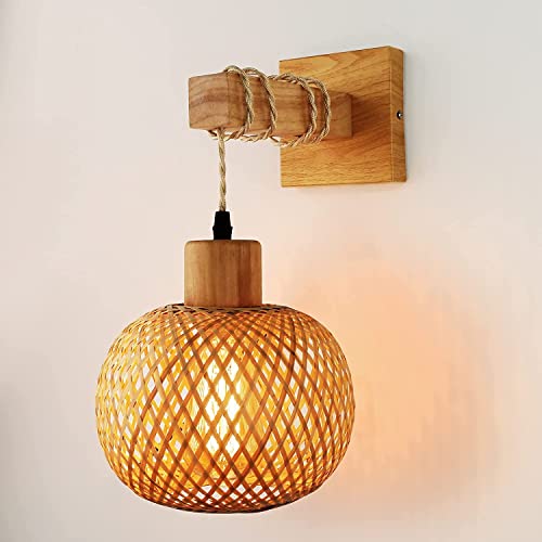 Liyabber Vintage Innen Wandleuchte, E27 Retro Holz Wandlampe mit Rattan Lampenschirm, Käfig Wandlampe für Wohnzimmer, Schlafzimmer, Flur, Esszimmer, Max 60W (Ohne Glühbirne) von Liyabber