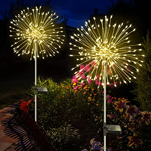 Liyade 2 Stück Solarstecker Gartenleuchten 120 LED Solar Gartenleuchten für Außen 8 Modi Solarleuchten Feuerwerk Pusteblume Solarlampen für Außen Garten Wege Rasen Balkon Deko (Warmweiß) von Liyade