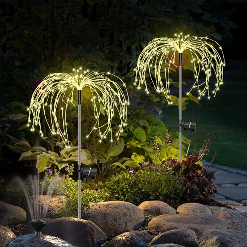 Gartendeko Solar Gartenleuchte Außen, 2 Stück 150 LED Solarleuchten Feuerwerk, 8 Modi Solarleuchten Pusteblume Solarlampen für Außen Garten Wege Rasen Balkon Deko (Warmweiß) von Liyade