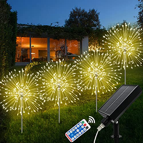 Liyade Solarlampen für Außen Garten, 4 Stück 120 LED Solarleuchten Feuerwerk, 8 Modi Solarleuchten Garten mit Fernbedienung Pusteblume solarlampen für Außen Balkon Wege Rasen Deko (Warmweiß) von Liyade