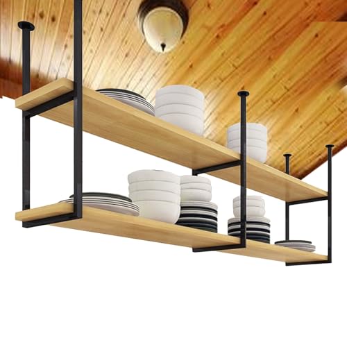 Ceiling Shelf Hanging Kitchen Pot Pan Rack - 2 Layer Overhead Storage Shelves Decorations Organiser Shelving with Solid Wood Partition and Metal Frame(130x30x80cm) von Liyadolaam