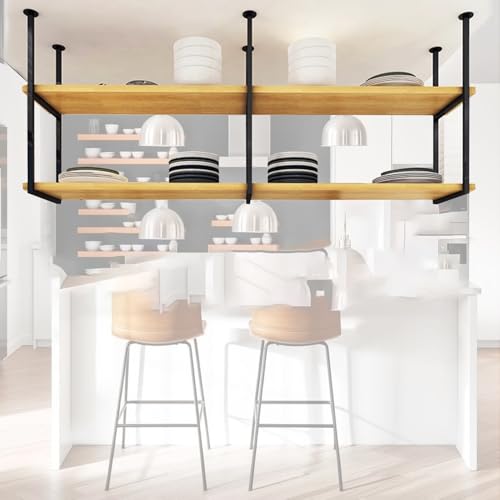 Liyadolaam 2-lagiges schwebendes Regal, Deckenhängeregal, Küchentopf- und Pfannenregal – 60/80/100/120/140 cm, Wandregal/Weinglashalter/Blumentopfständer(100x30x80cm) von Liyadolaam