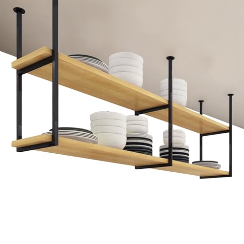 Liyadolaam Deckenregal Hängendes Küchentopf-Pfannenregal Schwebende Regale, Überkopf-Lagerregale Aus Massivholz, 2-lagiges Organisationsregal, Weinglashalter, Pflanzen-Blumenständer(90x30x80cm) von Liyadolaam