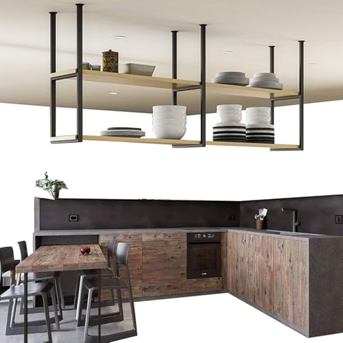 Liyadolaam Deckenregal – Küchenregal, hängend, schwebend, dekorative Pflanzenregale, hängendes Lagerregal, Küchentellerregale, Weinhalter aus Massivholz und Metalleisen(130x30x80cm) von Liyadolaam