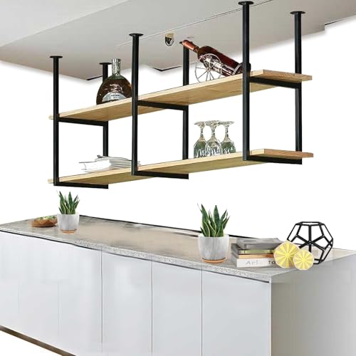 Liyadolaam Einfach anzubringendes Deckenregal aus Holz, schwebende Regale, Küchenhängeregal mit Metallrahmen, Topf- und Pfannenregal, dekorativer Pflanzenständer, Bar-Weinhalter(100x30x80cm) von Liyadolaam