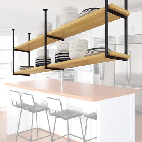 Liyadolaam Heavy Duty Overhead Ceiling Storage Shelf, Kitchen Pot Pan Racks Floating Suspended Shelving 60/80/100/120/150 cm Black Metal Organizer Shelves Wood Flower Stand(90x30x80cm) von Liyadolaam