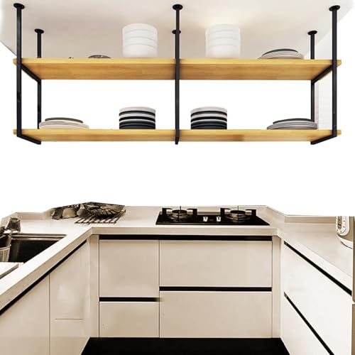 Liyadolaam Schwebende Küchenregale, Deckenregal, Überkopf-Lagerregal mit 2 hängenden Eisenrahmen, Organizer, Topf- und Pfannenregale, Dekorationsregale(100x30x80cm) von Liyadolaam