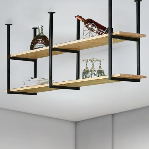 Liyadolaam Schwebende Regale aus Holz, schwarzer Hängerahmen, Deckenregal, Überkopf-Lagerregal, 2-lagiger Küchen-Organizer, Topf- und Pfannenregal, Bar-Weinhalter, Dekor-Ausstellungsregal(60x30x80cm) von Liyadolaam