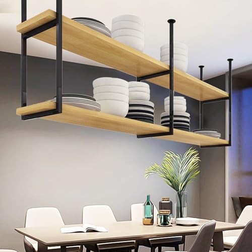 Modernes Hängeregal für die Decke, 2-lagiges Überkopf-Lagerregal, Dekorationen, Ausstellungsregale, schwebende Regale, Topf- und Pfannen-Organizer-Regal für die Hausbar, Blumenladen(90x30x80cm) von Liyadolaam