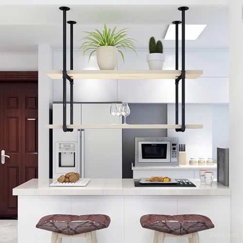 Schwebende Regale aus Holz – 2-lagiges Überkopf-Lagerregal mit 2 Hängerahmen-Deckenhalterungen – Küchen-Organizer, Topf- und Pfannenregal/Dekor-Präsentationsregal, Blumentopfständer(140x30x80cm) von Liyadolaam
