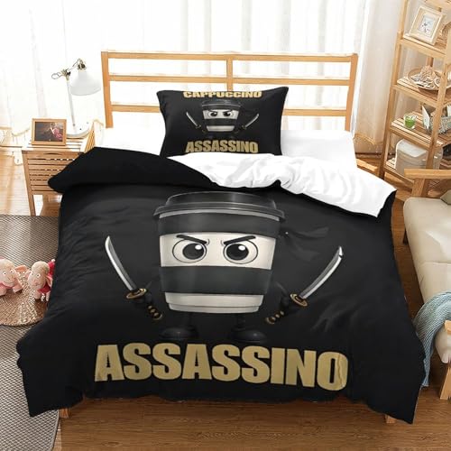 Liyoky Italian Brainrot，Cappuccino Assassino Bettbezug Bettwäsche Set Kinderbettwäsche Reißverschluss Mit Kissenbezug Betten Set Für Jungen Und Mädchen, Kinder Single（135x200cm） von Liyoky