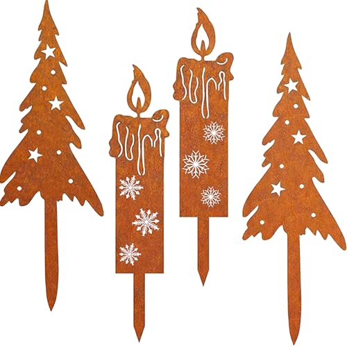 4er Set Rost Weihnachtsbaum Kerzen weihnachten Deko Outdoor Gartenstecker Roststecker Weihnachtsdeko Draußen Gartendeko aus Rust Blumenstecker Weihnachten für Advent Weihnachts Garten Balkon Grabschmu von Ljevandria