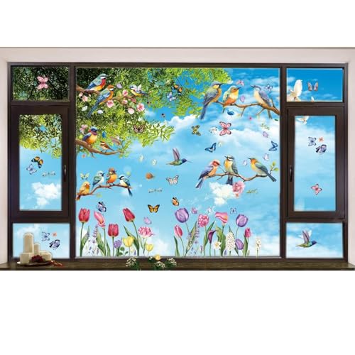 9 Blatt Fensterbilder Frühling, frühlingsdeko,fensterfolie Blumen Selbstklebend Doppelseitig Schmetterling Fensterdeko Fensterbilder Kinder Fenster Aufkleber Deko Frühling Sommer für Glas (Farbe A) von Ljevandria