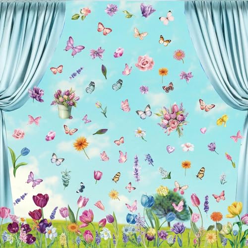 9 Blatt Fensterbilder Frühling Selbstklebend Doppelseitig Blumen Schmetterling Fensterdeko Wiederverwendbar Fensterbilder Kinder Fenster Aufkleber Deko Frühling Sommer für Glas (Farbe B) von Ljevandria