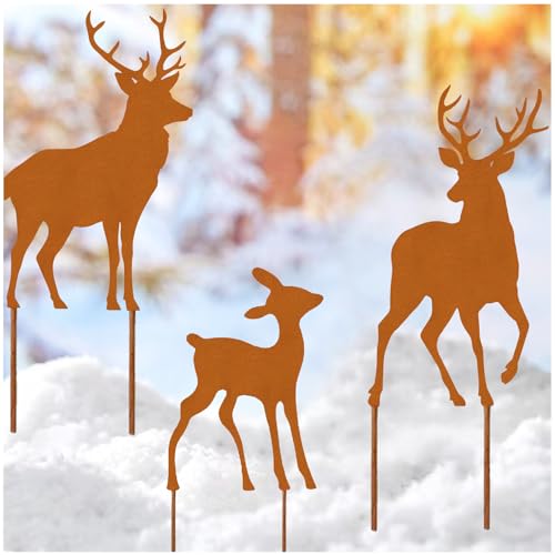 Ljevandria Gartenstecker Rentier Deko Weihnachten 3er Set Hirsch Roststecker Herbst Winter Garten Deko Draußen Metall REH Weihnachtsdeko Gartendeko Landhausstil Herbstdeko Winterdeko Outdoor (C) von Ljevandria
