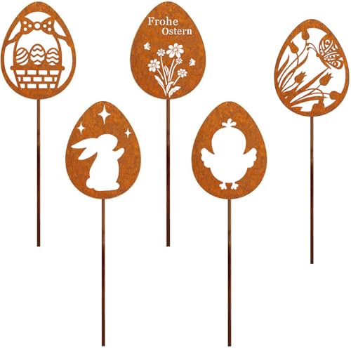 Osterdeko für draußen Gartenstecker,Ostern Deko Frühling Garten Outdoor,Gartendeko Groß Rost Ostereier 5er Set,Blumenstecker Eier Osterschmuck wetterfest aus Metall für Terrasse Balkon Blumentopf von Ljevandria