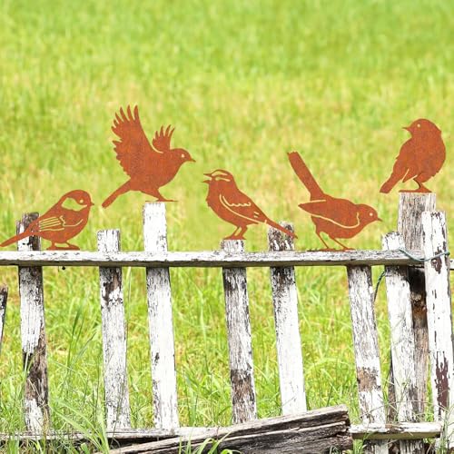 Rost Vogel Gartendeko für Draußen Rust Vögel Garten Deko Frühling,Gartenstecker Metall Roststecker Wetterfest,5er set Bird Baumstecker mit Schraube für Gartendekoration Bäume Pfähle oder Zäune von Ljevandria