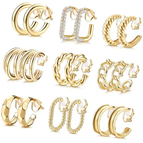 Ljmyy 9 Paar auffällige, vergoldete Clip-On-Ohrringe, Ohrschmuck für Damen, ohne Ohrlöcher von Ljmyy