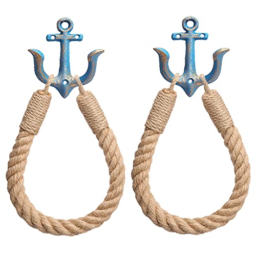 Toilettenpapierhalter mit nautischem Seil, Wandmontage, Handtuchring, nautischer Toilettenpapierhalter mit Metallhaken, Küstenhandtuchhalter, natürliches antikes Seil (blau + blau), 2 Stück von Ljxoaieu