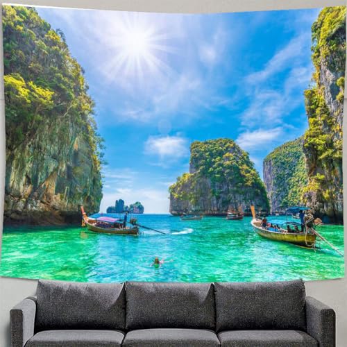 Lmovutcom Berge, Schiffe, Meer, klares Seewasser, dekorativer Hängestoff, Hotel-Wohnzimmer-Wandstoff, Heimdekoration, großer Wandteppich von Lmovutcom