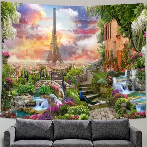 Lmovutcom Entfernter Eisenturm, Gartenbach, Steintreppe, bunter Wandteppich, Hintergrund, Kunstdekoration, große Wandbehang, Wohnzimmer, hängendes Tuch von Lmovutcom