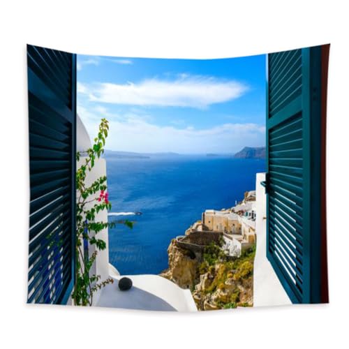 Lmovutcom Fensterlandschaft am Meer Cottage großen Stoff Wandteppich Wandbehang Tuch Hintergrund Dekoration Schlafzimmer Wanddekoration hängen Tuch von Lmovutcom