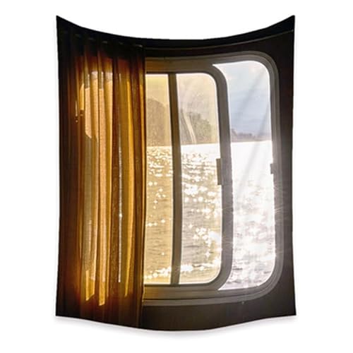 Lmovutcom Simulierter Fenster-Wandteppich, Schiebefenster-Simulation, Wandbehang, Stoff, See, Sonne, Licht, Schatten, Wohnzimmer, großer Wandbehang, Wandteppich von Lmovutcom