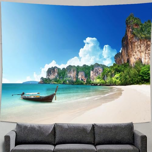 Lmovutcom Strandbucht, Boot, Berge, Stoff, Wandteppich, Wanddekoration, Raumkunst, Wandteppich, Schlafzimmer, Nachttisch, Hintergrund, großes Hängetuch von Lmovutcom