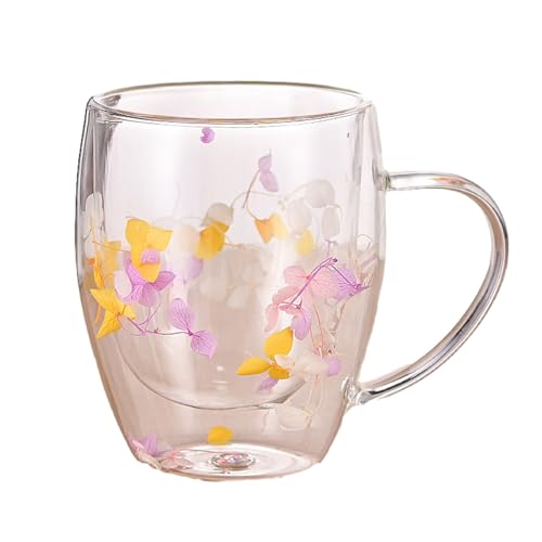 350ml Doppelwandige Glasbecher Tasse Mit Trockenen Blumen, Doppelwandige Kaffeegläser, Blumen Doppelschicht Glasbecher, Kaffee Saft Griff Tasse Gläser von Lnhgh