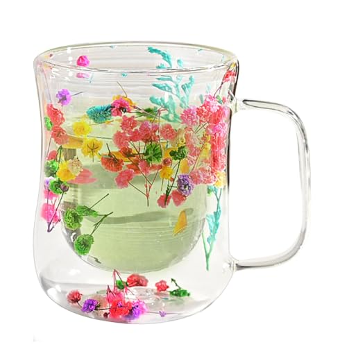 Lnhgh Klarer Becher Mit Blumen, Doppelwandiger Thermoglas Mit Getrockneten Blumen 370 Ml, Hitzebeständige Glasbecher, Espressotassen Mit Griff von Lnhgh