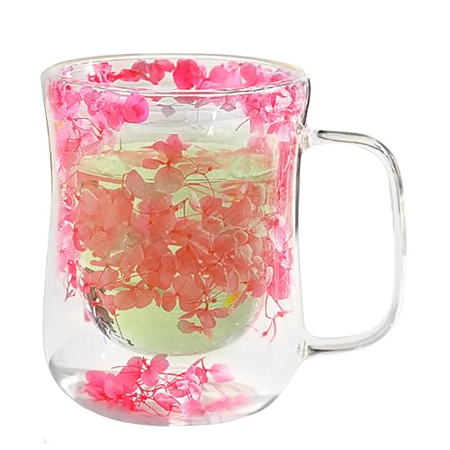 Lnhgh Klarer Becher Mit Blumen, Doppelwandiger Thermoglas Mit Getrockneten Blumen 370 Ml, Getrocknete Blumen Glas-Kaffeetassen, Hitzebeständige Glasbecher, Espressotassen Mit Griff von Lnhgh