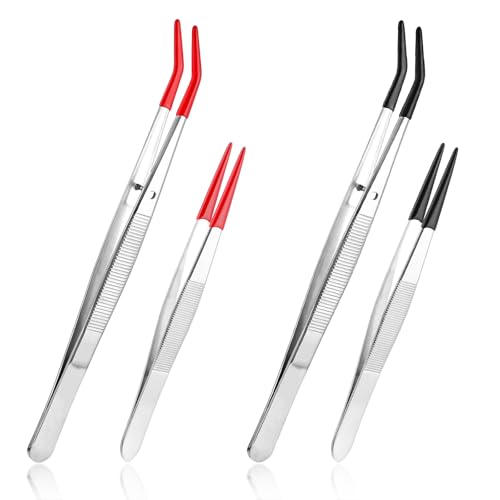 Lnngub 4 Stück Pinzette mit Gummispitzen, Pinzettenset aus Edelstahl 2 Gebogene Pinzetten und 2 Spitze Pinzetten Set für Schmuck, Perlen, Handwerk, Industrie, Labore (Rot, Schwarz) von Lnngub