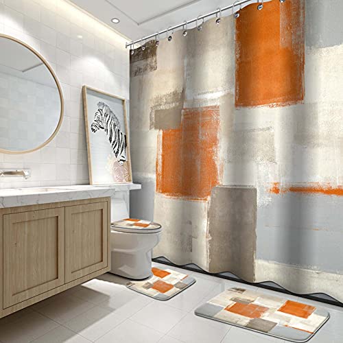 Lnond 4-teiliges Badezimmer-Duschvorhang-Set mit Teppichen, Moderne orangefarbene und weiße Malerei-Kunst-Badezimmer-Sets mit Duschvorhang und Teppichen und Zubehör von Lnond