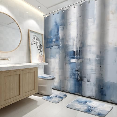 Lnond Badezimmer-Sets mit Duschvorhang und Teppichen, blau-graues Aquarell-Badezimmer-Dekor-Set mit Duschvorhang-Set und Teppichen, Badezimmer-Vorhänge, Dusch-Set mit Badezimmerteppichen, DB74FK von Lnond