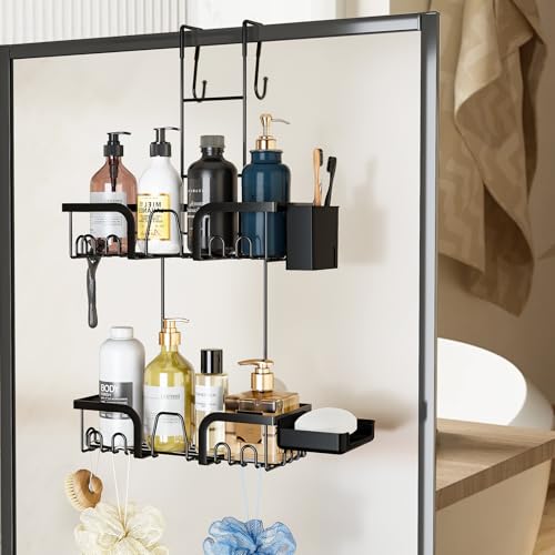 Duschablage zum hängen Duschregal Ohne Bohren,Duschablage zum Hängen für Glasduschtüren, Duschregal zum Hängen mit 2 Duschkorb,Dusche Halterung Shower Shelf Edelstahl,für Dusche (Schwarz, 2-Layer) von Lnopever