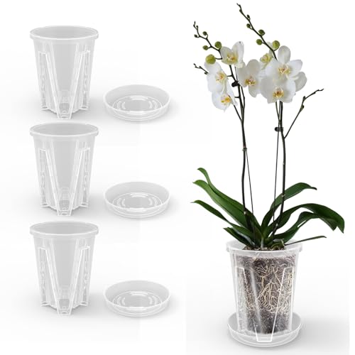 Lnopever 3er Pack Kunststoff Blumentopf,Orchideentöpfe Weiß 1.3L Ø14 cm mit 4er-Set Orchideen Übertöpfe Drainageloch, Kleine Blumentöpfe für Zimmerpflanzen Runde,Transparent von Lnopever